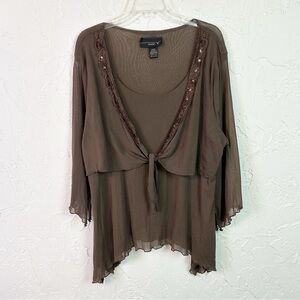 Vintage Y2K Brown Mesh Sheer Asymmetrical Hem Sequin Tie Front Blouse Size 22/24